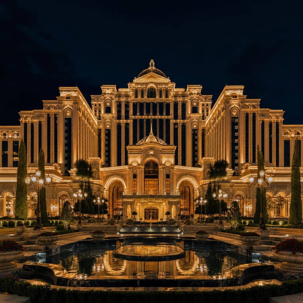 Die beleuchtete Fassade von Exactones Casino Hotel bei Nacht